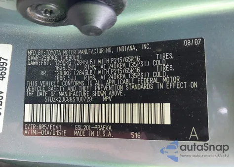 2008 Toyota Sienna Ce/Le из США, поврежденный, VIN 5TDZK23C88S100729